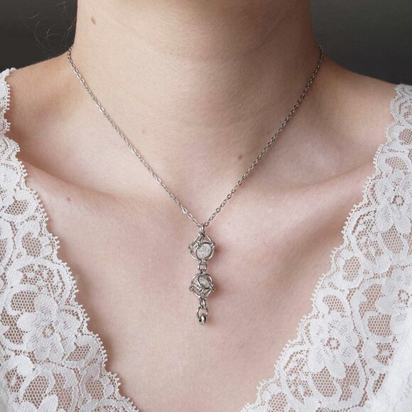 Whimsical fairy caged quartz and silver rosary pendant necklace - Picture 1 of 10